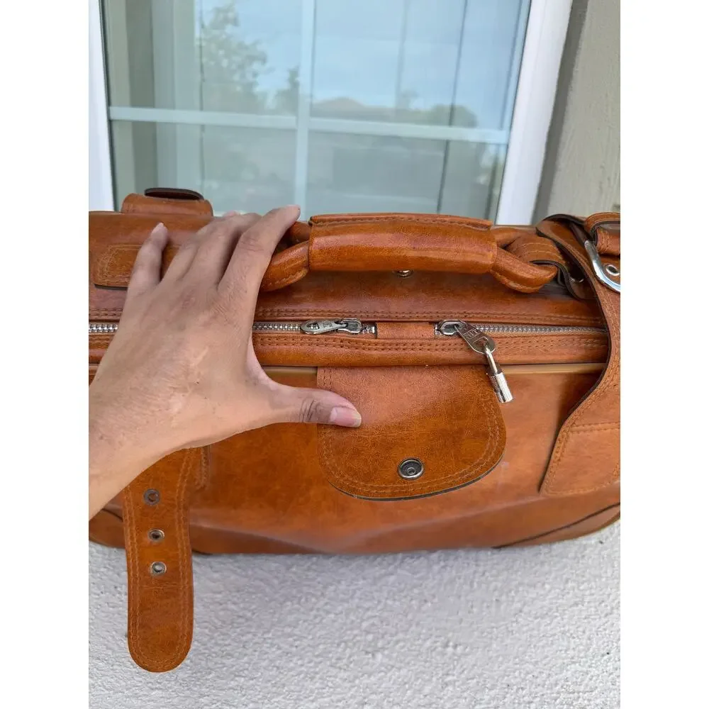 vintage 1970s tan faux-leather carry on suitcase luggage 70s jet set masculine